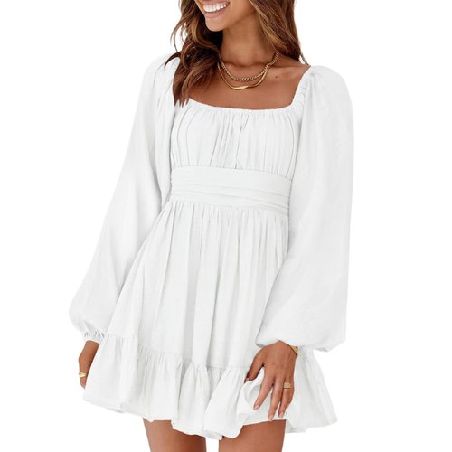 Dokotoo Women's Long Lantern Sleeve Tie Back Square Neck Dress Ruffled Off Shoulder A-Line Midi Dress Casual Mini Dress for Women White Medium