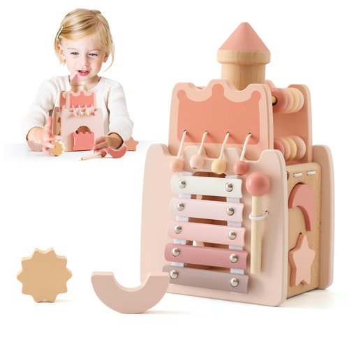 Youuys Wooden Activity Cube 5-in-1 Montessori Busy Board Toys Multipurpose Educational Sensory Learning Toys for Baby Toddlers with Mirror,Girl Birthday Gift Personalized Baby Gifts
