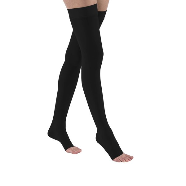 JOBST Relief Thigh High Open Toe Compression Stockings, Unisex, Extra Firm Legware with Silicone Band for Easy Donning, 20-30 mmHg, Black, Medium Petite