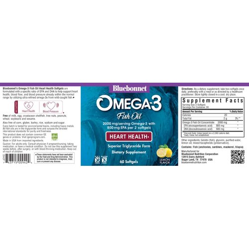 Bluebonnet Nutrition Omega-3 Heart Formula Natural Wild Caught Triglyceride Form DHA 600 mg EPA 800 mg - Highly Concentrated Heart Health Support Supplement - Gluten-Free - 60 Softgel