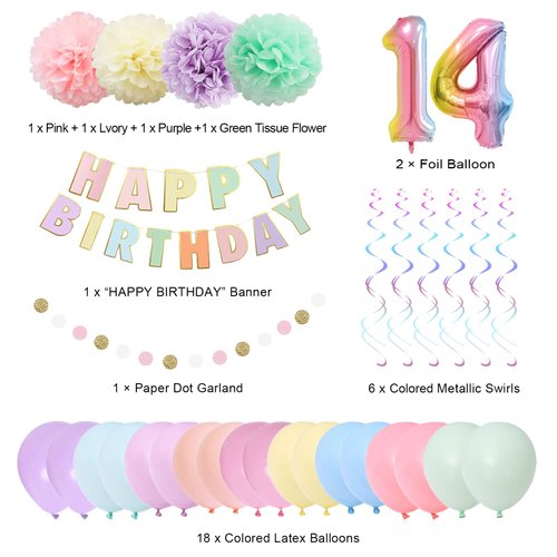 BRT Bearingshui 14th Birthday Decorations, 40 Inch Rainbow Gradient Number 12 Balloon, 14th Birthday Balloon, Happy Birthday Banner, Children’s 14th Birthday Party Supplies for Kids