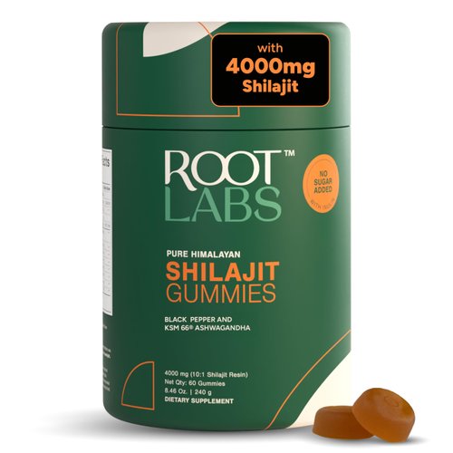 ROOT LABS 4000 mg Pure Himalayan Shilajit Gummies I No Added Sugar I KSM-66 Ashwagandha, Gokshura| 75%+ Fulvic Acid & 85+ Trace Minerals I Men,Women I Non-GMO I Lab Tested I 100% Natural I 60 Gummy