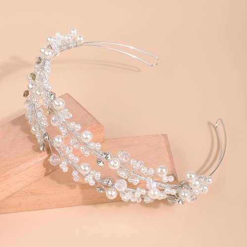 BERYUAN Wedding Pearls Crystal Headband Double Side Crystal Pearls Bridal Headpiece Crystal Rhinestone Pealrs Beads Wedding Hair Accessories Bride Headband for Women and Girls (silver)