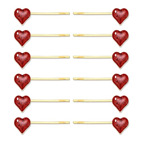 Boderier 12 Pack Valentine's Day Heart Bobby Pins Red Enamel Rhinestone Heart Hairpin Hair Slide Barrettes Styling Hair Accessories Gifts for Women Girls (Glitter Red)