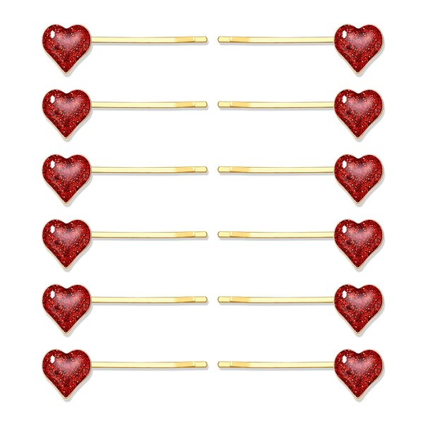Boderier 12 Pack Valentine's Day Heart Bobby Pins Red Enamel Rhinestone Heart Hairpin Hair Slide Barrettes Styling Hair Accessories Gifts for Women Girls (Glitter Red)