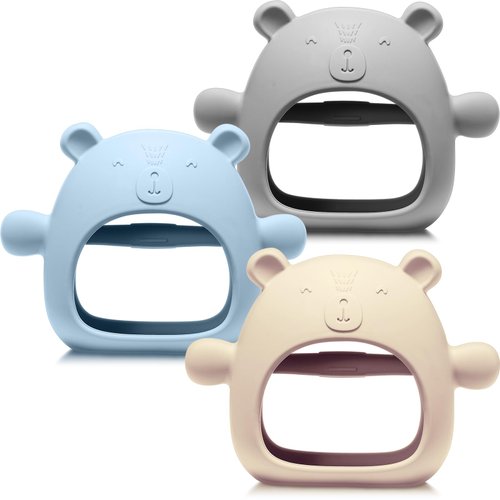 Chumia 3 Pack Baby Teether Teething Toys for Babies 0-6 Months Baby Teething Toy Silicone Anti Dropping Infant Hand Teether Pacifiers Wrist Hand Chew Toys for Sucking Needs (Beige, Gray, Blue)