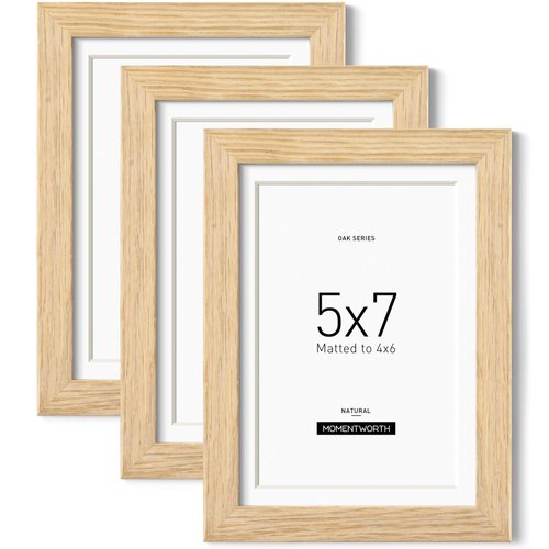 Momentworth 5x7 Picture Frame with Mat for 4x6 set of 3, Solid Oak Wood 5x7 Frame with Tempered Glass, Natural Wood Picture Frames 5x7 for Wall Mount & Tabletop(3 Pack,Oak)