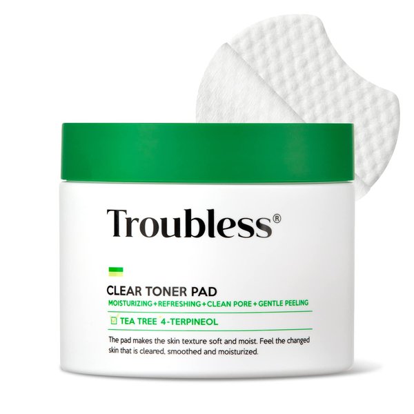 Troubless Clear Toner Pad for Face | Gentle Peeling & Facial Soothing Toner with Tea Tree, 60 pads (5.57 oz)