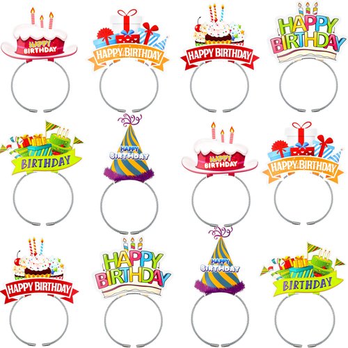 Rcanedny 12 Pcs Happy Birthday Headbands Funny Birthday Party Headbands Paper Birthday Hat Headbands for Kids and Adults Birthday Party Supplies, 6 Colors
