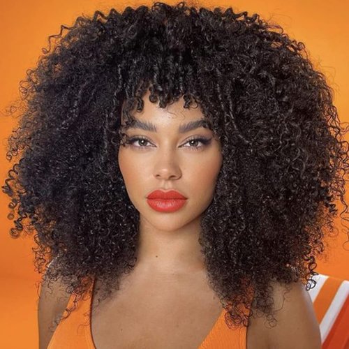 Lady Hanne Afro Kinky Curly Wigs for Black Women Short Curly Wig with Bangs Curly Bob 14 Inch Natural Looking Synthetic Natural Black Full Wig