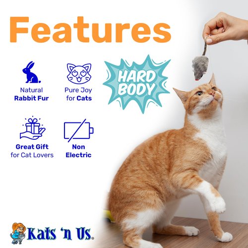 Kats'N Us Real Rabbit Fur Mouse Cat Toy - Hard Body - Interactive Cat Toys, Real Fur Mice, 10 Pack Gray NO Rattle