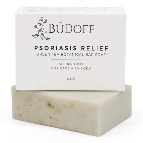 BUDOFF Psoriasis Treatment Relief Bar Soap | Soothing Green Tea Botanical and Shea Butter | for Face and Body | Moisturizing 6 Oz Bar Soap | Acne Eczema Fine Lines and Blemishes