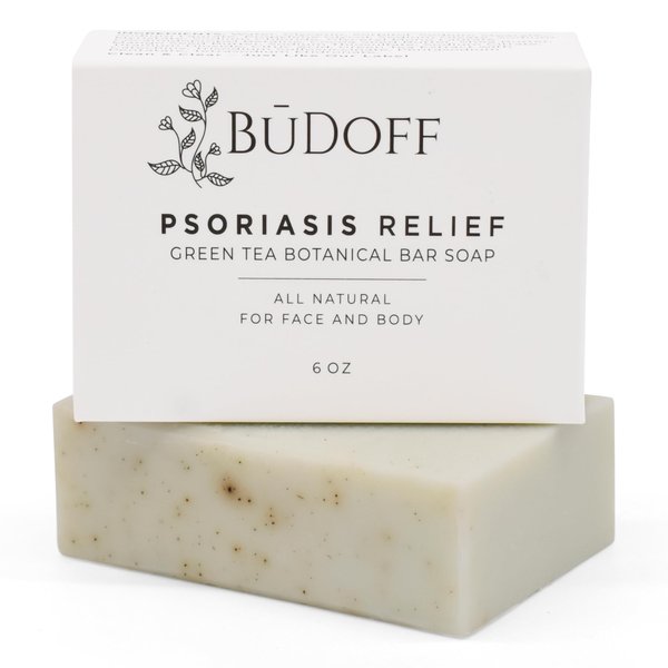 BUDOFF Psoriasis Treatment Relief Bar Soap | Soothing Green Tea Botanical and Shea Butter | for Face and Body | Moisturizing 6 Oz Bar Soap | Acne Eczema Fine Lines and Blemishes