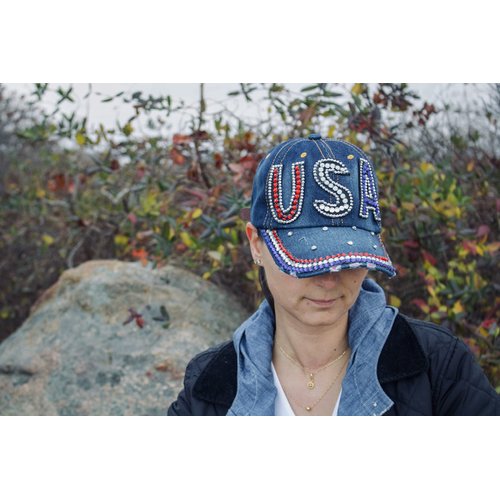 USA Hat Women’s Distressed Bling Rhinestone Patriotic Baseball Cap