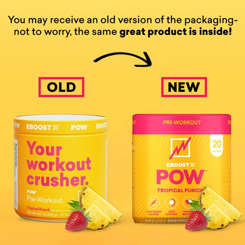 EBOOST POW Natural Pre Workout Powder – 20 Servings - Tropical Punch - A Pre Workout Supplement for Performance, Joint Mobility Support, Energy, Focus - Men & Women - Non-GMO, Gluten-Free, No Creatine