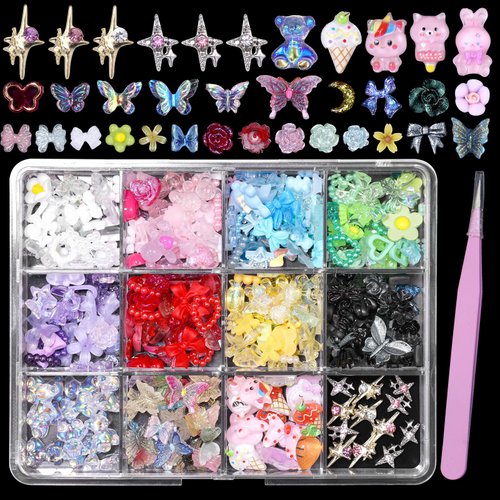 Multi 3D Mix Assorted Color Butterfly Cartoon Nail Charms Star Rhinestones Gems Charms Acrylic Flower Bowknots Ice Cream Carrot Bear Cute Hollow Pearls Nail Charms for Nail Art DIY Accessories