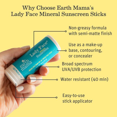 Earth Mama Lady Face® Tinted Mineral Sunscreen Stick SPF 40 Set |Contains Certified Organic Shea and Coca Butter | Foundation + Concealer + Contour, Blends with Most Skin Tones, 2-Pack