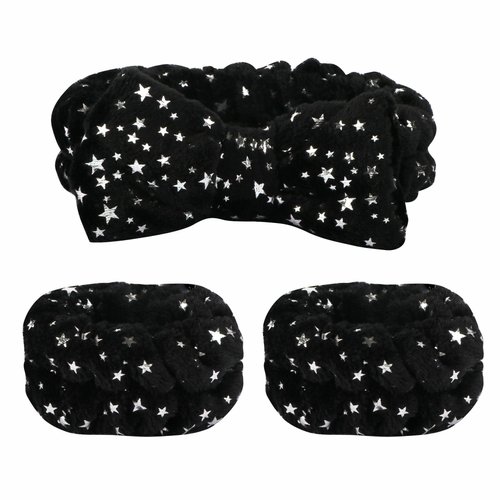 SZHYHTIKI Women's Face Wash Headband and Wristband Set,Glitter Star Headband Makeup Skin Care Headbands for Girls (black)