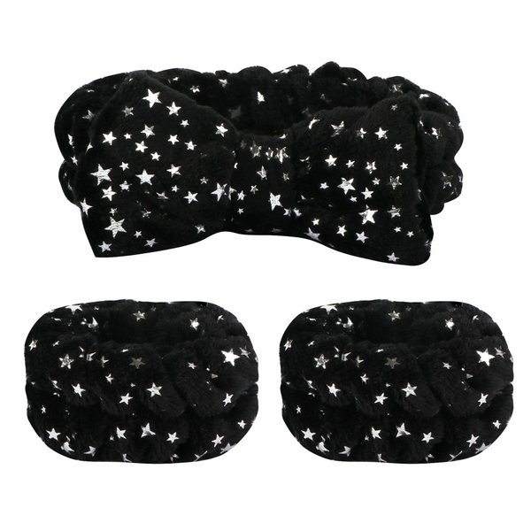 SZHYHTIKI Women's Face Wash Headband and Wristband Set,Glitter Star Headband Makeup Skin Care Headbands for Girls (black)