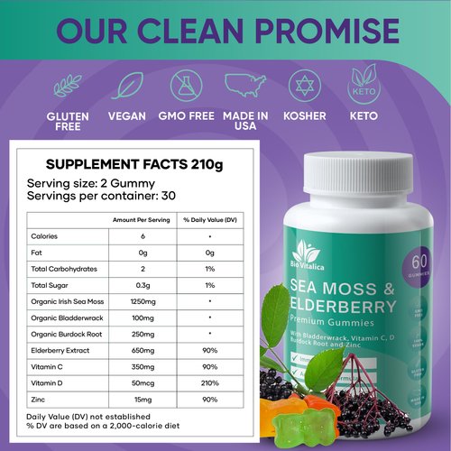 BIO VITALICA Sea Moss Gummies Elderberry BioVitalica - Vitamin C D + Zinc - Irish Seamoss Vegan Gummy with Sea Moss Gel & Powder for Immunity, Detox - for Adults and Kids
