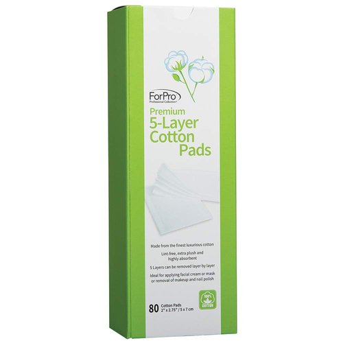 ForPro Professional Collection Premium 5-Layer 100% Cotton Pads for Cosmetic Application and Product Removal, 2" x 2.75", White, 80-Count (Pack of 6)