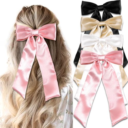 SAWINDA 4PCS Satin Hair Bows for Women Hair Ribbon with Long Tail Wedding Prom Ponytail Holder Ac...