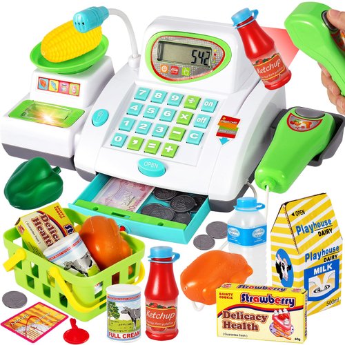 HERSITY Kids Toy Cash Register with Scanner and Microphone, Pretend Play Money Electronic Calculator Realistic Children's Supermarket Cashier Games for 3 4 5 Years Old Toddlers Boys Girls
