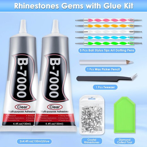 Cludoo B7000 Glue Clear with Precision Tip, 2pcs 130ml / 4.4 Fl Oz B7000 Rhinestone Glue Fabric Glue with Rhinestone Dotting Pen Tool, Wax Pencil, Tweezer, Jewelry Glue for (2PCS,4.4 Fl Oz)