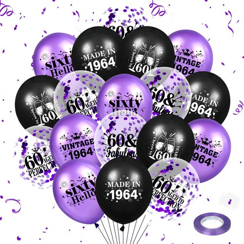 60th Birthday Balloons for Women 18Pcs Purple Vintage 1964 Birthday Party Decorations Balloons Purple Happy 60th Birthday Confetti Latex Balloons for 60th Birthday Anniversary Party Supplies 12 Inch