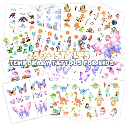 Yocieco Tattoos for Kids – 250+ Styles Temporary Tattoos Stickers for Boys and Girls, Featuring Dinosaurs, Butterfly, Spacemen Stickers for Birthday Party Favor