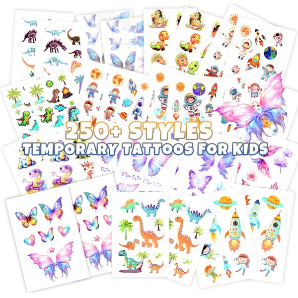 Yocieco Tattoos for Kids – 250+ Styles Temporary Tattoos Stickers for Boys and Girls, Featuring Dinosaurs, Butterfly, Spacemen Stickers for Birthday Party Favor