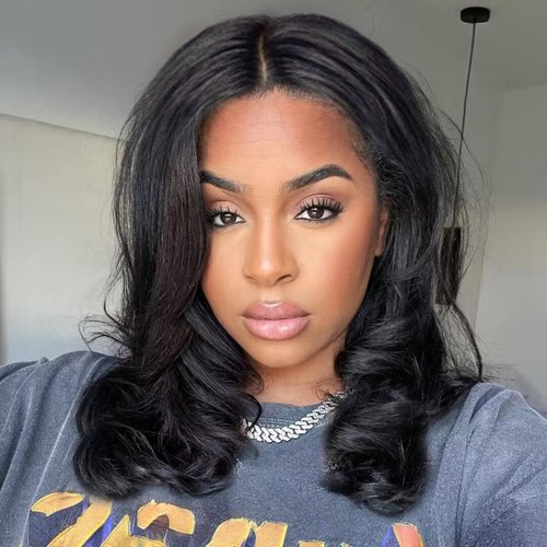 FAVE Short Body Wave Wig Shoulder Length Synthetic Wig Middle Part Natural Black Wigs for Black W...