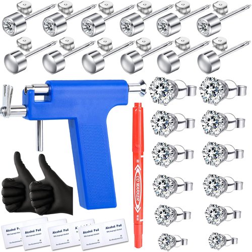 Self Ear Piercing Gun Kit with 12 Pairs of CZ Ear Stud Piercing Tools with Multi-Purpose Ear Gun for Salon and Home Use