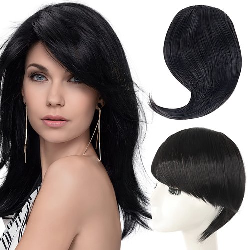 Side Bangs Hair Clip in Extensions, Hair Bangs in Off Fringe Hair Extension One Piece Clip on Front Bangs Hairpiece Forehead Topper, Clip in Fringe Wigs Synthetic for Girls Women, Fashion Black