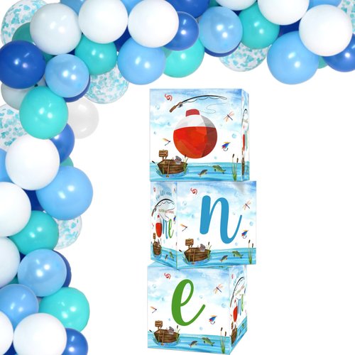 Ofishally One Birthday Decorations Gone Fishing First Birthday Decorations For Boy Gone Fishing Boxes Balloons Birthday Party Supplies Blue White Latex Foil Balloon Arch Kit Fishing Themed Party