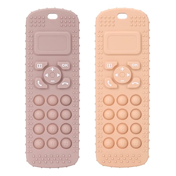 Socub Silicone Baby Teething Toy for Babies 3-12 Months, 2 Pcs Mobile Phone Shape Teether Toys for Infants Boys Girls, BPA Free Pain Relief Chew Toy (Blush/Dusty Lilac)