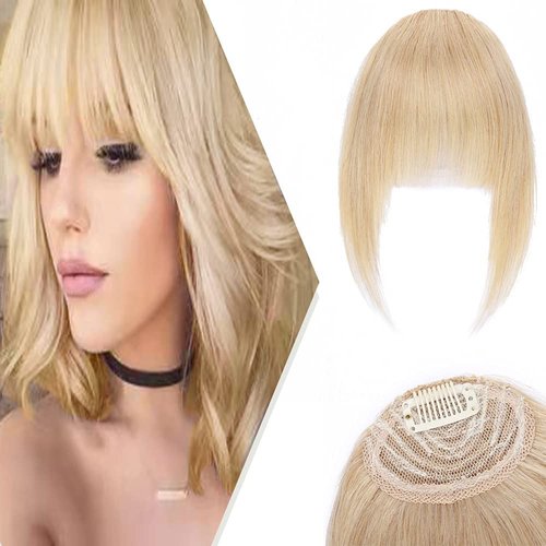 Hairro Clip in Bangs Human Hair Extensions with Temples One Piece French Curved Bangs Clip on Raw Hair for Women Thin Natural Wispy Fringe Hairpiece Straight #24 Natural Blonde