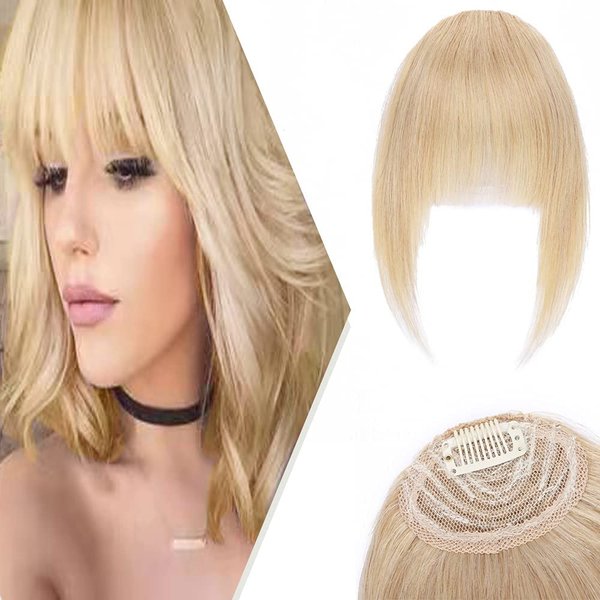 Hairro Clip in Bangs Human Hair Extensions with Temples One Piece French Curved Bangs Clip on Raw Hair for Women Thin Natural Wispy Fringe Hairpiece Straight #24 Natural Blonde