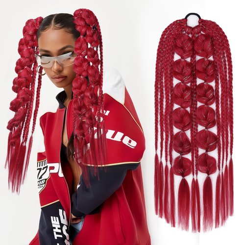 YOGFIT Colored Hair Extensions Long Braided Bubble Ponytail Extension with Hair Tie, 24&#39;&#39; Crazy H...
