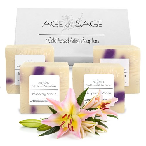 Age of Sage Handmade Natural Bar Soap Gift Set - 100% All Organic Vegan Bath Moisturizing Handmade Artisan Scented Cold Process Fragrant Soaps with Essential Oil - 4 Pack (Raspberry-Vanilla)
