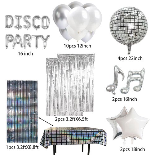 FBQ 22 Pcs Silver Disco Party Set 4D Disco Metallic Mirror Balloon Silver Metallic Tinsel Foil Fringe Curtains 60s 70s 80s 90s Wedding Party Party Supplies