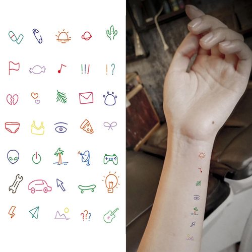 Oottati 2 Sheets Small Tiny Temporary Tattoo Stickers Colorful Cute Finger Totem Cat Guitar Candy Eye Sun Heart