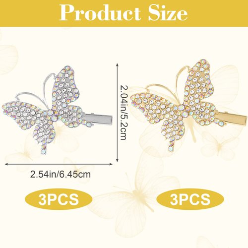 PAGOW 6PCS Butterfly Hair Clips Rhinestone Barrettes Crystal Metal Alligator Bobby Pins Accessories for Women Girls (Gold,Sliver)
