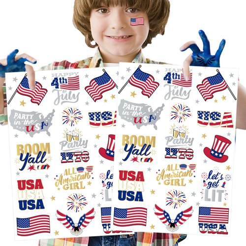 Ovasorve Fourth of July Temporary Tattoos for Kids, 30 Giltter Style Tattoos 4th of July Accessories America Red White and Blue Decorations USA Flag Decor Independence Day Memorial Day Labor Day