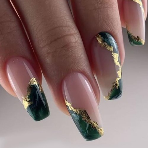 Rilafuvu 24 Pcs Medium Long Press on Nail Emerald Green Gold Foil Powder Press on Nails French Fake Nails Autumn and Winter Acrylic Nails Full Cover uñas postizas Glossy Stick on Nails