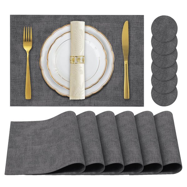 JUCCWARM Faux Leather Placemats Set of 6,Heat Resistant Placemats for Dining Table, Easy Clean Non-Slip Place Mats, Waterproof Stain Resistant Wipeable Washable PU Table Mats, (Dark Grey)