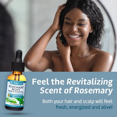 De La Cruz Rosemary Mint Oil Blend For Hair & Scalp - Revitalizing Blend with Castor, Avocado and Olive Oil - Naturally Moisturizing Rosemary Hair Oil - 2 FL OZ