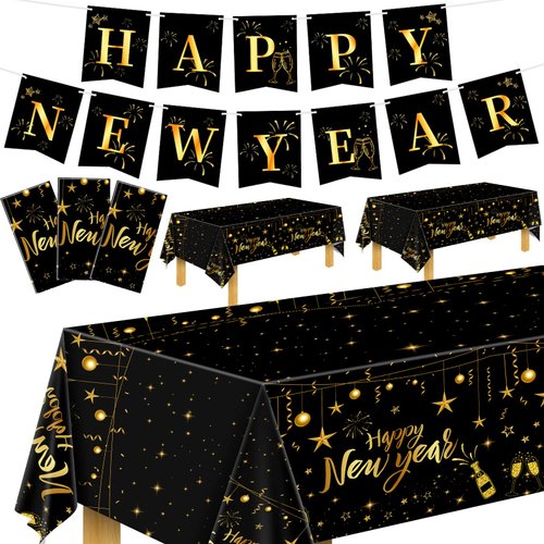 Geelin Happy New Year Banner and 3 Pcs Happy New Year Table Cover 54 x 108 Inch 2025 New Years Eve Party Supplies Gold and Black Banner Happy New Year Decorations Plastic Tablecloth Disposable Decor