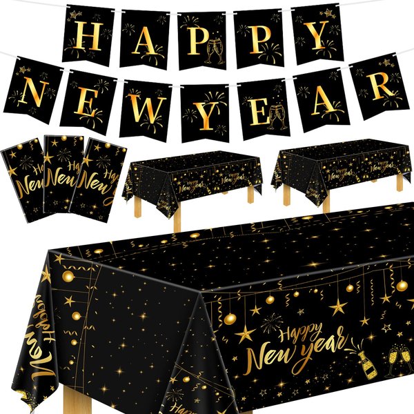 Geelin Happy New Year Banner and 3 Pcs Happy New Year Table Cover 54 x 108 Inch 2025 New Years Eve Party Supplies Gold and Black Banner Happy New Year Decorations Plastic Tablecloth Disposable Decor