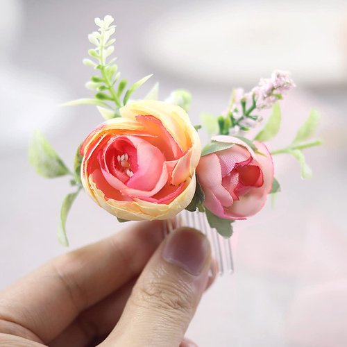 Fangsen Silver Wedding Rose Flower Pinecones Hair Comb Bridal Flower Hair Clip Floral Hair Accessories for Women and Girls Ivory Pink